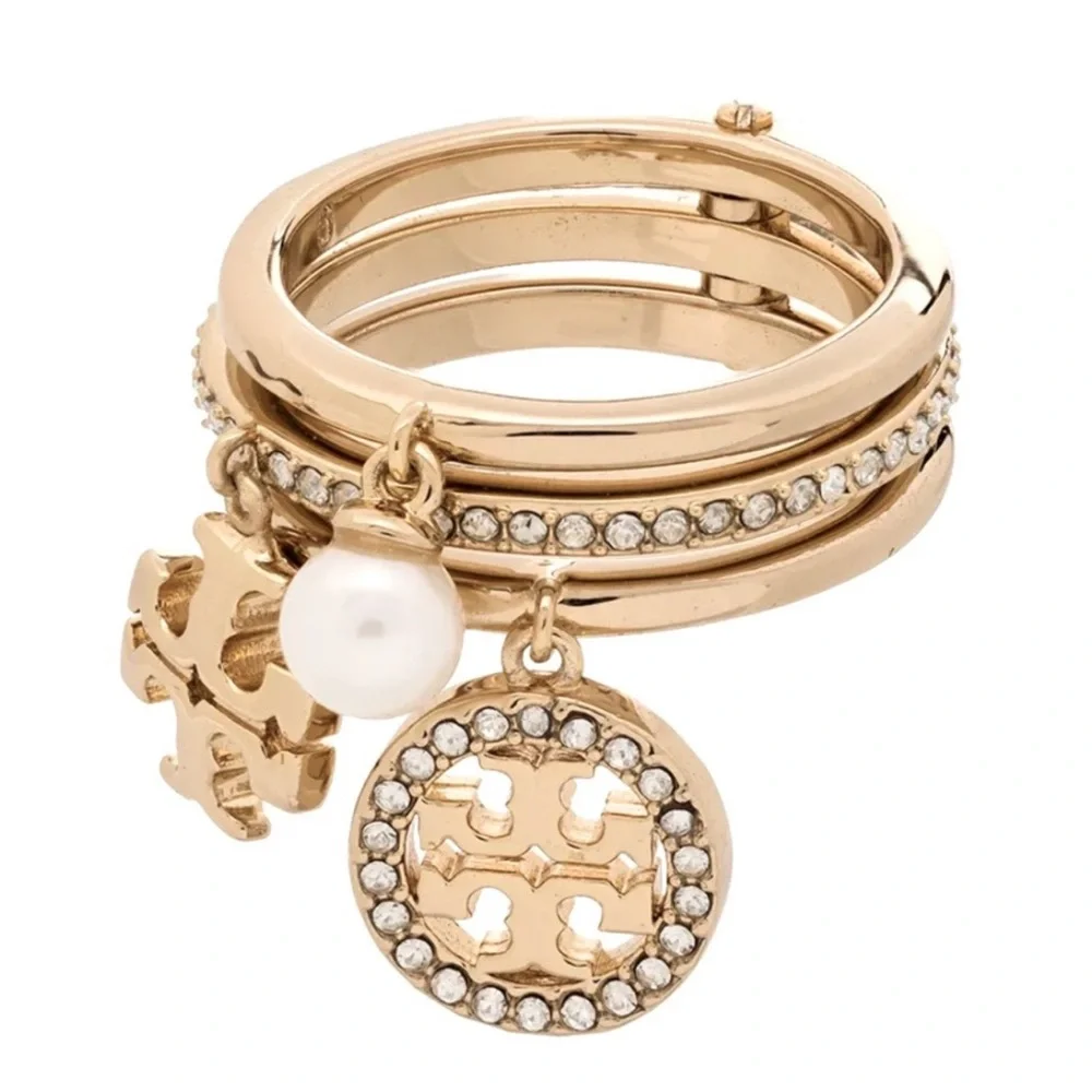 Tory Burch Miller Pave Charm Stack Ring Gold NWT $148